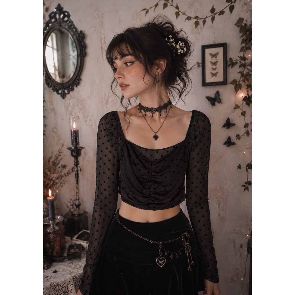American Threads Black Polka Dot Mesh Ruched Crop Top Long Sleeve Small BT97159